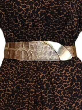 Vintage Nan Lewis Croco Embossed Gold Leather Waist Belt | Handmade | S/M